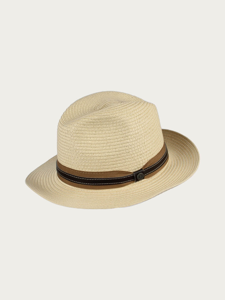 Einfarbiger Sommer-Fedora mit Leder-Hutband - camel / 57 | 629003-180-57