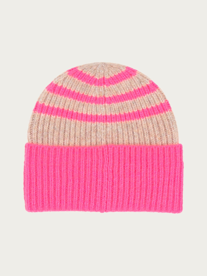 Geringelte Strickmütze mit breiter Krempe - digital pink / One Size | 667095-456