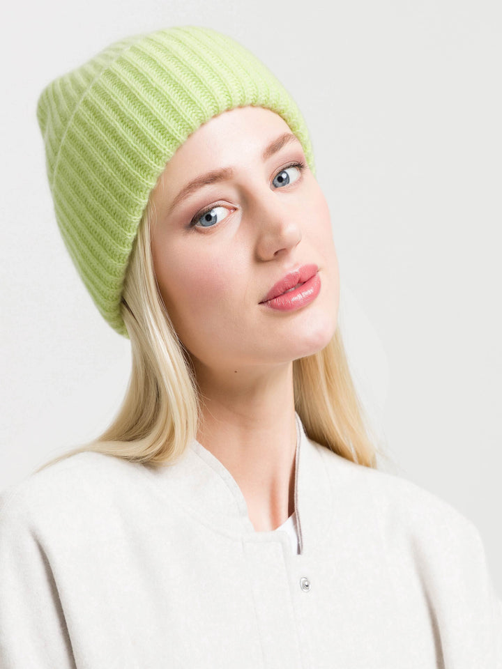 Grobstrick-Mütze aus reinem Kaschmir - organic green / One Size | 684308-703